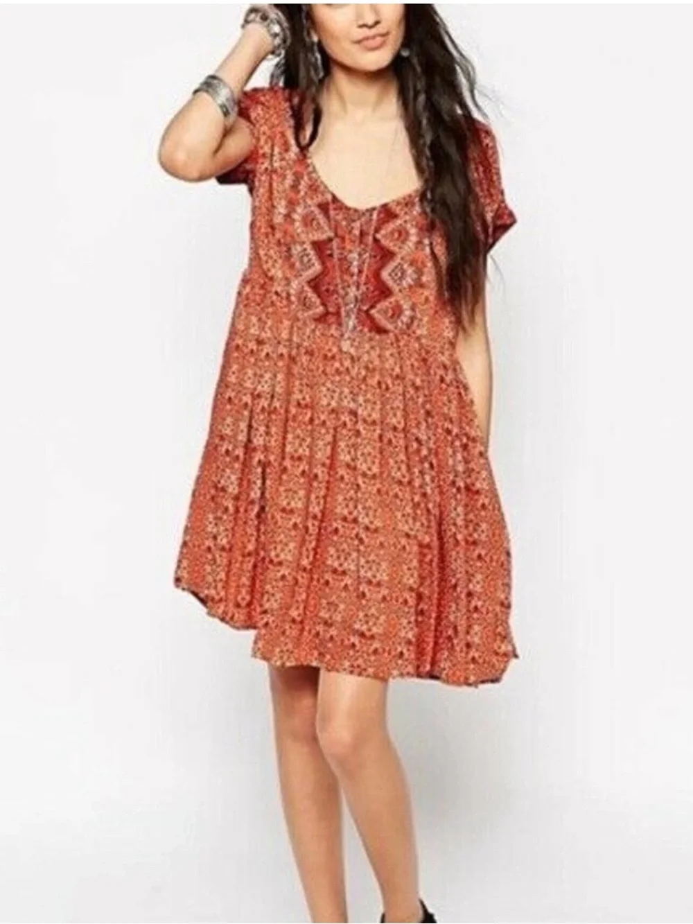 Free People Sundown Orange Geometric Print Babydoll Tunic / Mini Dress